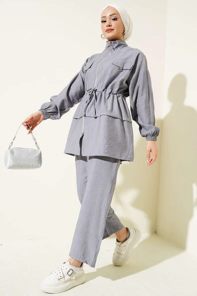 Fermuarlı Bel Tünelli İkili Takım Gri ürün görseli 1