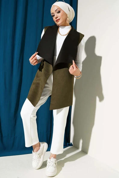 Kruvaze Yaka Süet Yelek Haki - Resim 2