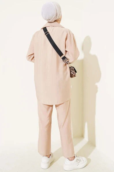 Tek Göğüs Cepli Gömlek İkili Takım Bej - Resim 3
