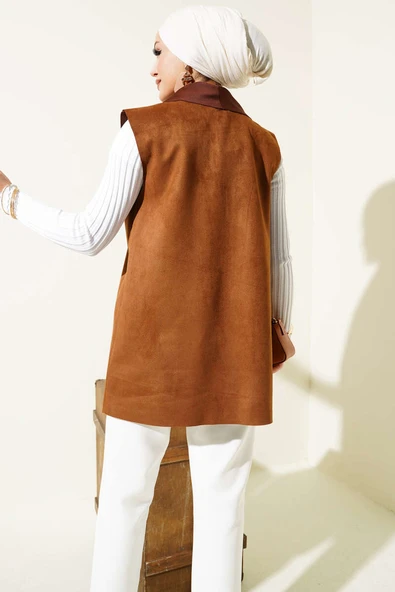 Kruvaze Yaka Süet Yelek Kahve - Resim 3