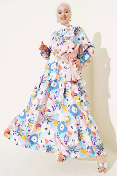 Karışık Desen Yarım Düğmeli Viskon Elbise Lila ürün görseli 1