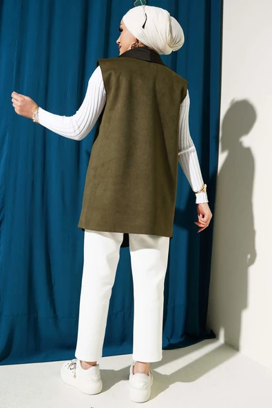 Kruvaze Yaka Süet Yelek Haki - Resim 3