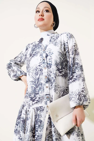 Filli Çiçek Desenli Viskon Elbise Siyah - Resim 2