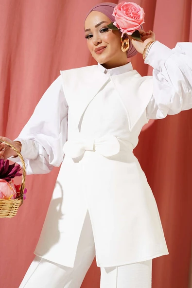 Fiyonk Detaylı Denizci Yaka İkili Takım Beyaz - Resim 2