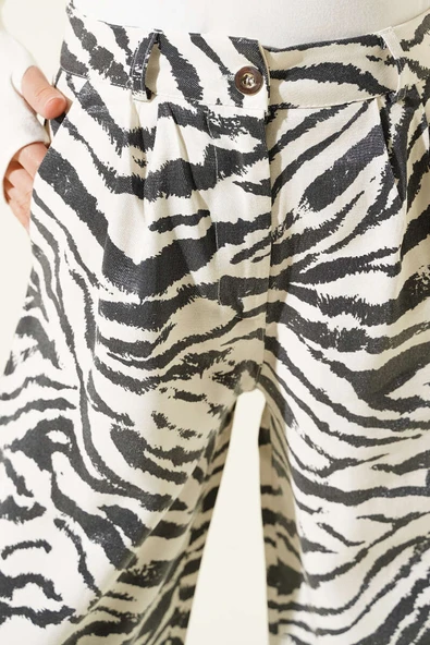 Zebra Desen Simli Palazzo Pantolon Ekru Siyah - 4