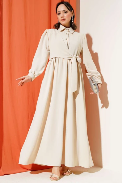 Yarım Taş Düğmeli Bağlamalı Elbise Bej - Resim 2