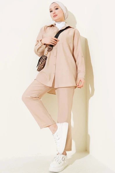 Tek Göğüs Cepli Gömlek İkili Takım Bej ürün görseli 1