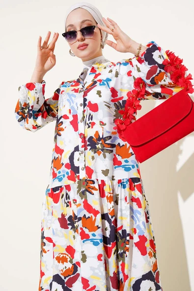 Karışık Desen Yarım Düğmeli Viskon Elbise Gri - Resim 2