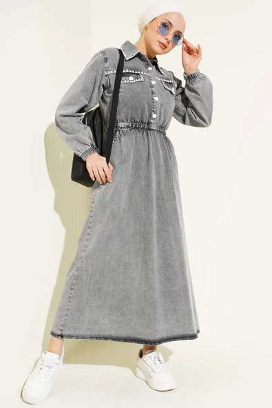 Bel Lastikli Midye Dikişli Kot Elbise Gri ürün görseli 1