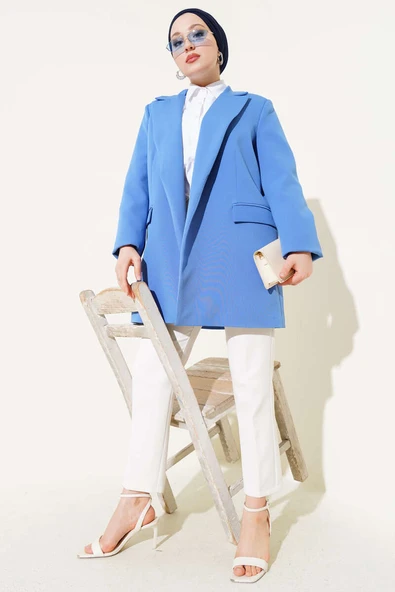 Çizgili Astarlı Blazer Ceket Mavi - Resim 2