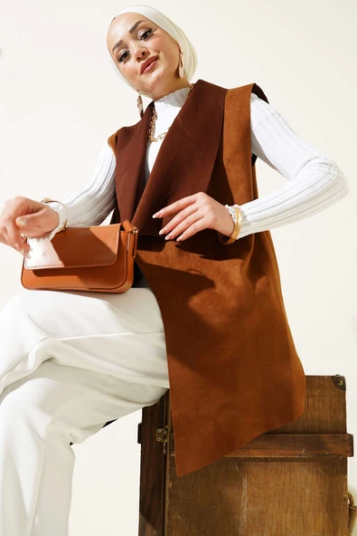 Kruvaze Yaka Süet Yelek Kahve ürün görseli