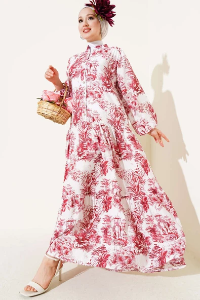 Filli Çiçek Desenli Viskon Elbise Bordo - Resim 2