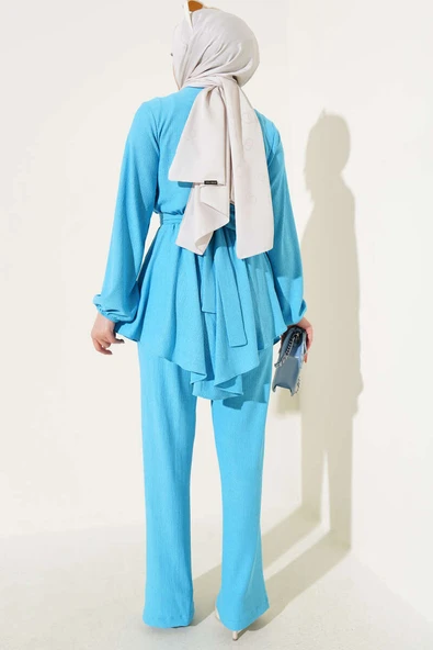 Bel Lastikli Tunik Bürümcük İkili Takım Mavi - Resim 3