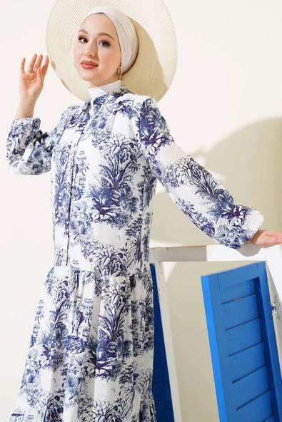 Filli Çiçek Desenli Viskon Elbise Lacivert - Resim 2