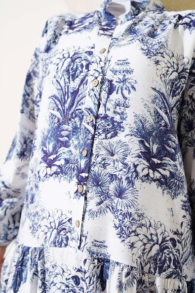 Filli Çiçek Desenli Viskon Elbise Lacivert - Resim 4