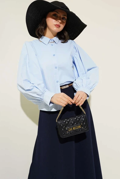 Balon Kol Kısa Gömlek Buz Mavisi - Resim 2