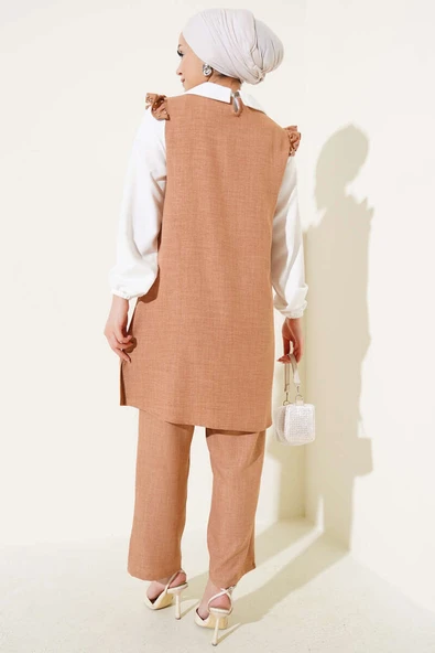 Yaka Taşlı Gömlek Garnili İkili Takım Latte - Resim 3