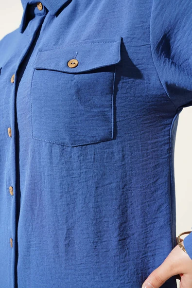 Çift Cepli Tahta Düğmeli Gömlek İndigo - Resim 4