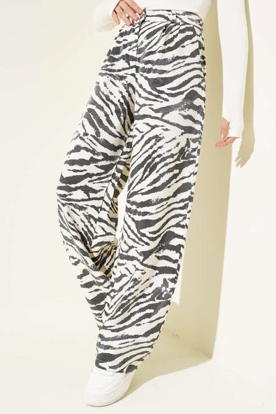 Zebra Desen Simli Palazzo Pantolon Ekru Siyah - 1