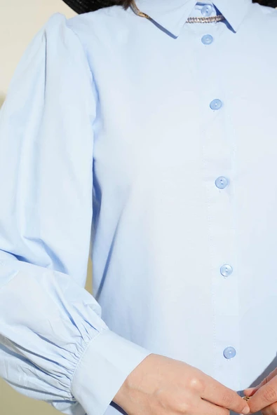 Balon Kol Kısa Gömlek Buz Mavisi - Resim 4