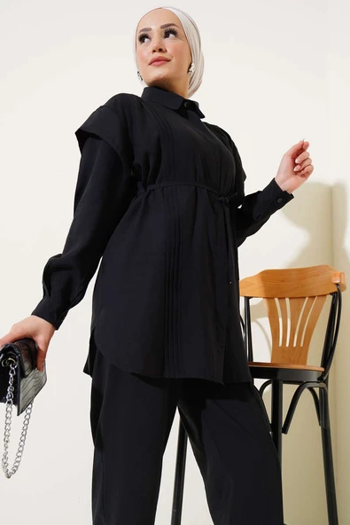 Önü Dik Pileli İp Bağcıklı İkili Takım Siyah - Resim 2