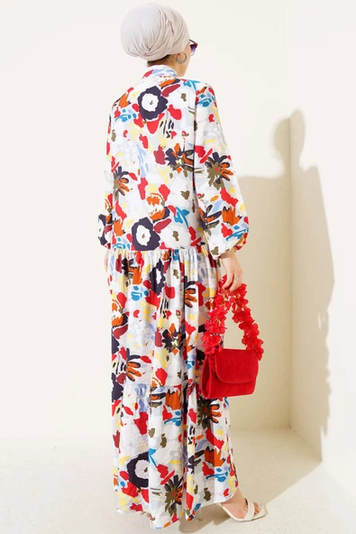 Karışık Desen Yarım Düğmeli Viskon Elbise Gri - Resim 3