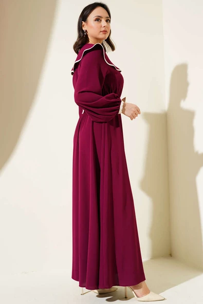 Fiyonk Kuşaklı Bebe Yaka Elbise Burgonya - Resim 3