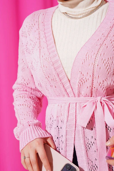 Çift Cepli Delikli Kuşaklı Triko Hırka Pembe - 4