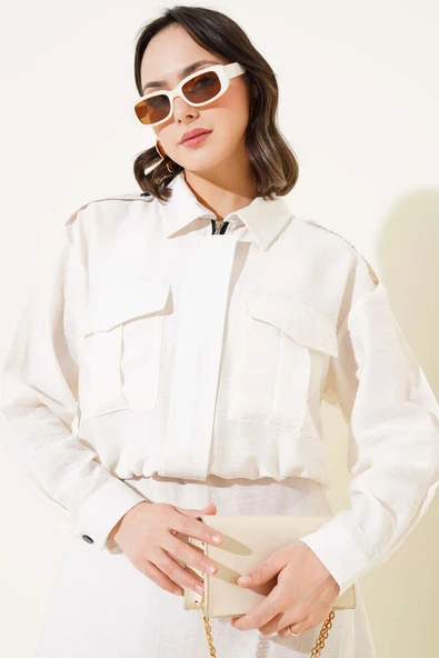 Çift Cepli Fermuarlı Etekli İkili Takım Ekru - Resim 2