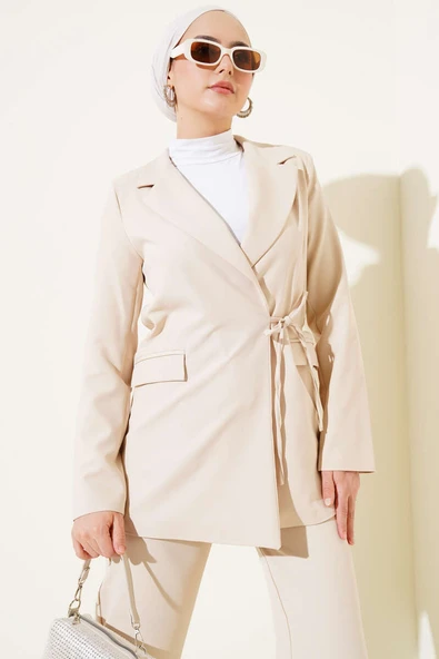 Yandan İp Bağlamalı Ceket İkili Takım Bej - Resim 2