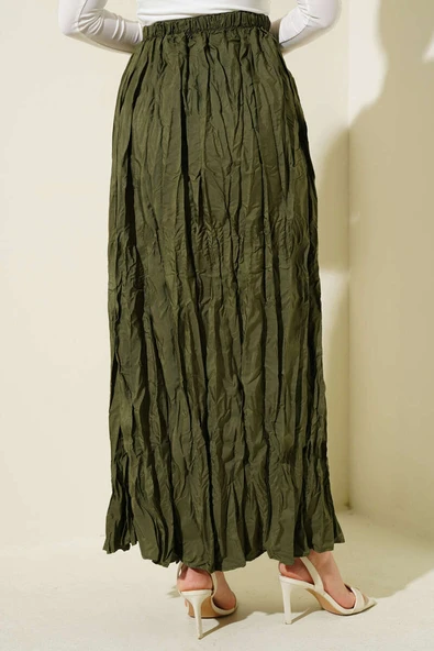 Kırışık Pileli Etek Haki - 3