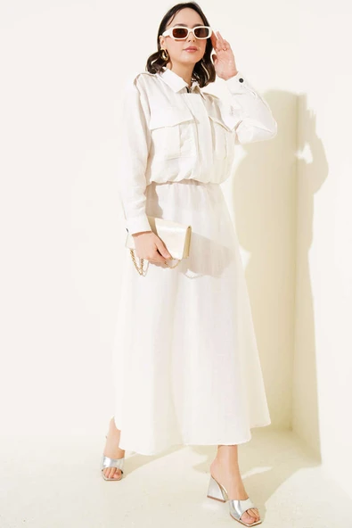 Çift Cepli Fermuarlı Etekli İkili Takım Ekru ürün görseli 1