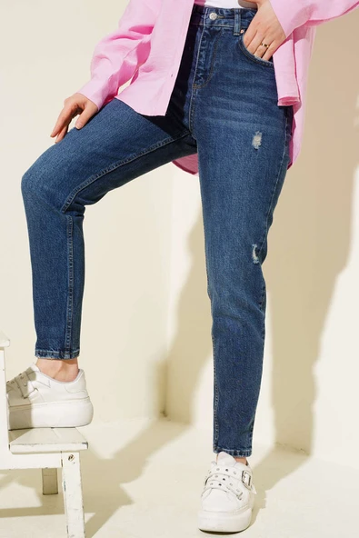 Yıpratmalı Dar Paça Kot Pantolon Lacivert ürün görseli 1