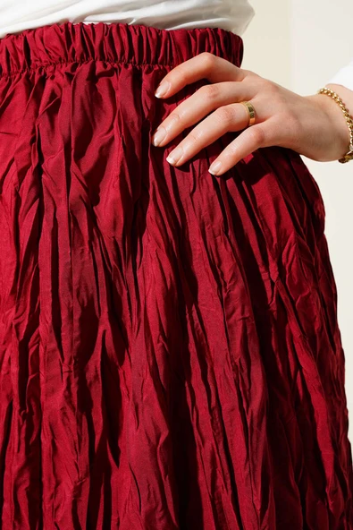 Kırışık Pileli Etek Bordo - 4