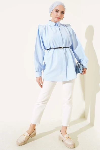 Omuz Pileli Kemerli Gömlek Bebe Mavi - Resim 2