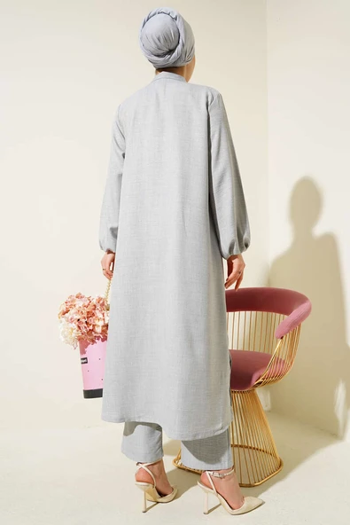 Taş Süslemeli Uzun Tunikli İkili Takım Gri - Resim 3