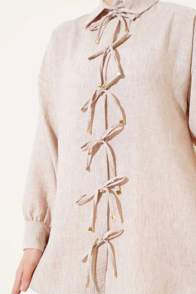 Önü İp Bağlamalı Gömlek Bej - Resim 4