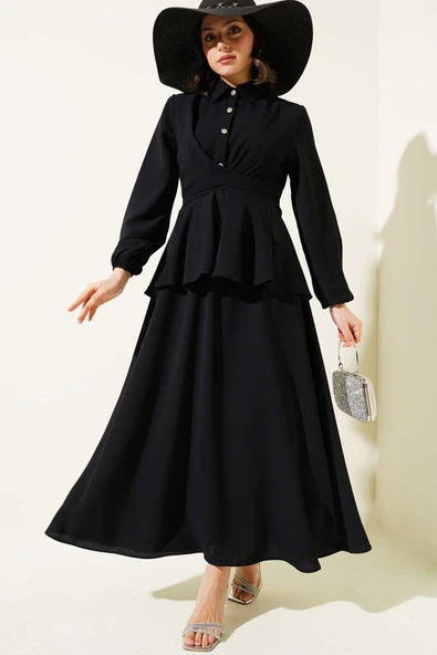 Önü Bağlamalı Gömlek Yaka Etekli İkili Takım Siyah ürün görseli 1