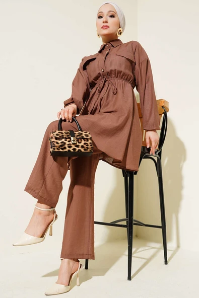 Beli Lastikli Taş Düğmeli İkili Takım Kahve ürün görseli 1