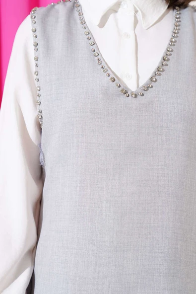 Taş Süslemeli Yan Bağlamalı Üçlü Takım Gri - Resim 4