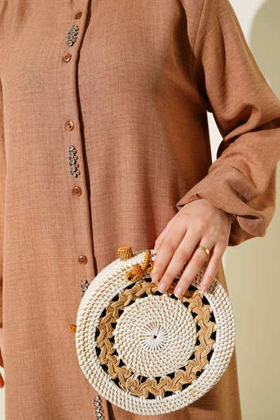 Taş Süslemeli Uzun Tunikli İkili Takım Latte - Resim 4