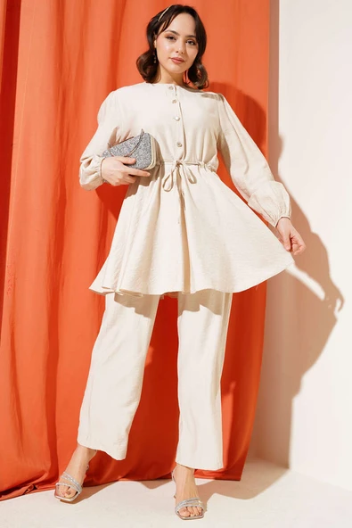 Bel İpli Taş Düğmeli Tunik İkili Takım Bej - Resim 2