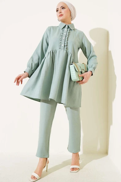 Önü Düğmeli Fırfırlı İkili Takım Mint ürün görseli 1