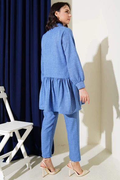 Önü Düğmeli Fırfırlı İkili Takım İndigo - Resim 3