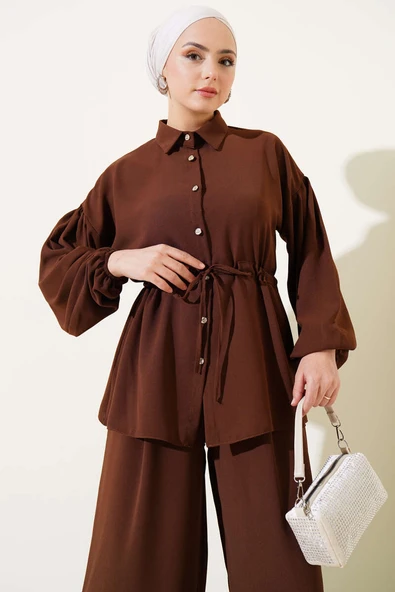Bel İpli Balon Kol İkili Takım Kahve - Resim 2