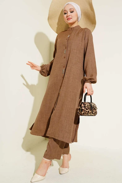 Taş Süslemeli Uzun Tunikli İkili Takım Vizon ürün görseli 1