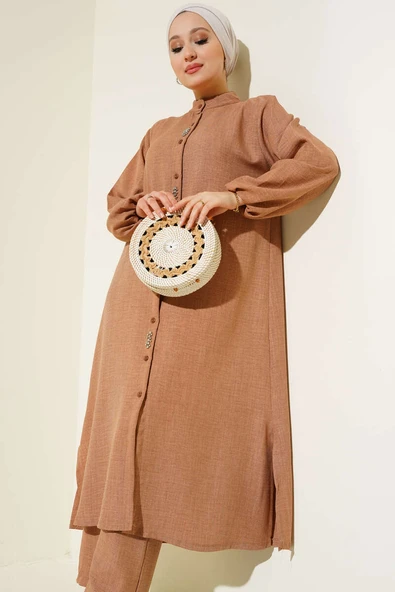 Taş Süslemeli Uzun Tunikli İkili Takım Latte ürün görseli 1