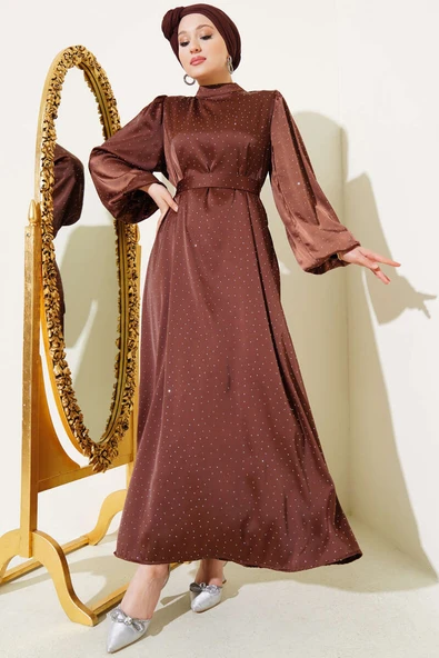Mini Taşlı Balon Kol Saten Elbise Kahve ürün görseli 1