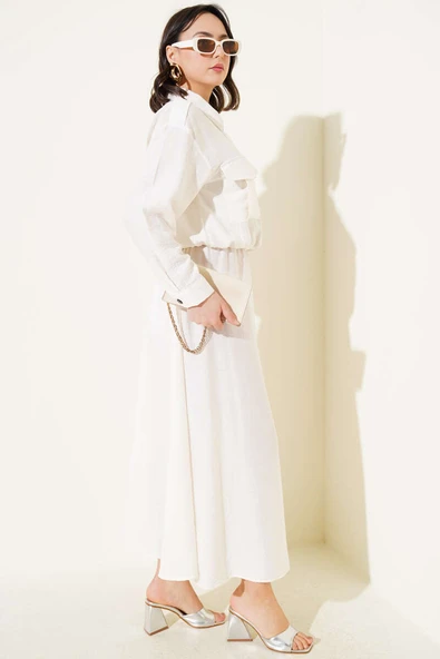 Çift Cepli Fermuarlı Etekli İkili Takım Ekru - Resim 3