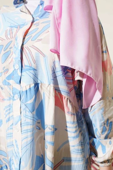 Hakim Yaka Tropik Desen Elbise İndigo - Resim 4